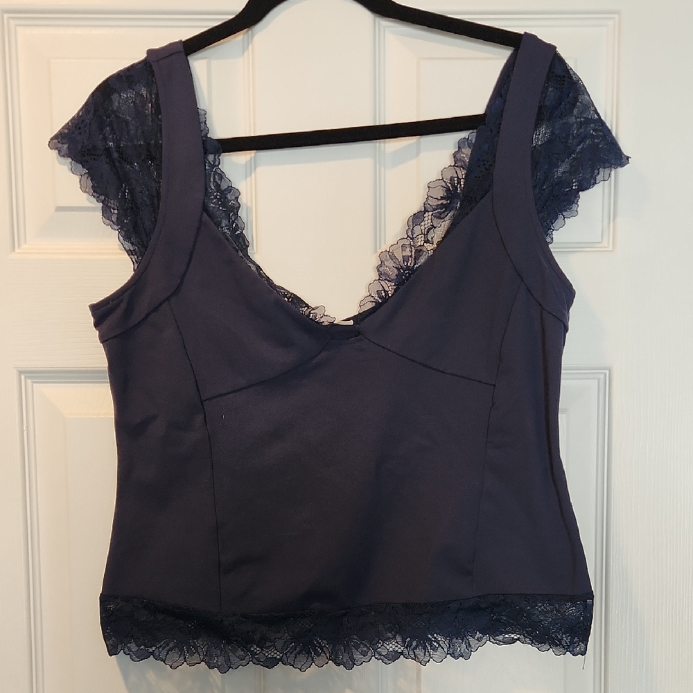 Free People Navy Lace Trim Top